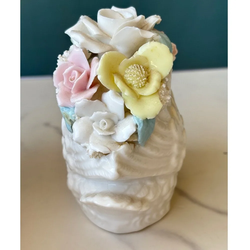 Vintage Porcelain Swan Figurine Applied Pastel Flowers